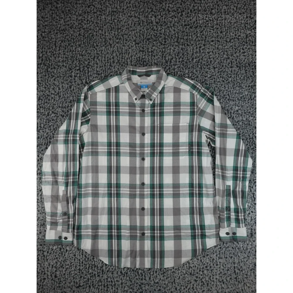 Columbia Plaid Button Down Shirt Mens Large Green Gray Long Sleeve Outdoor